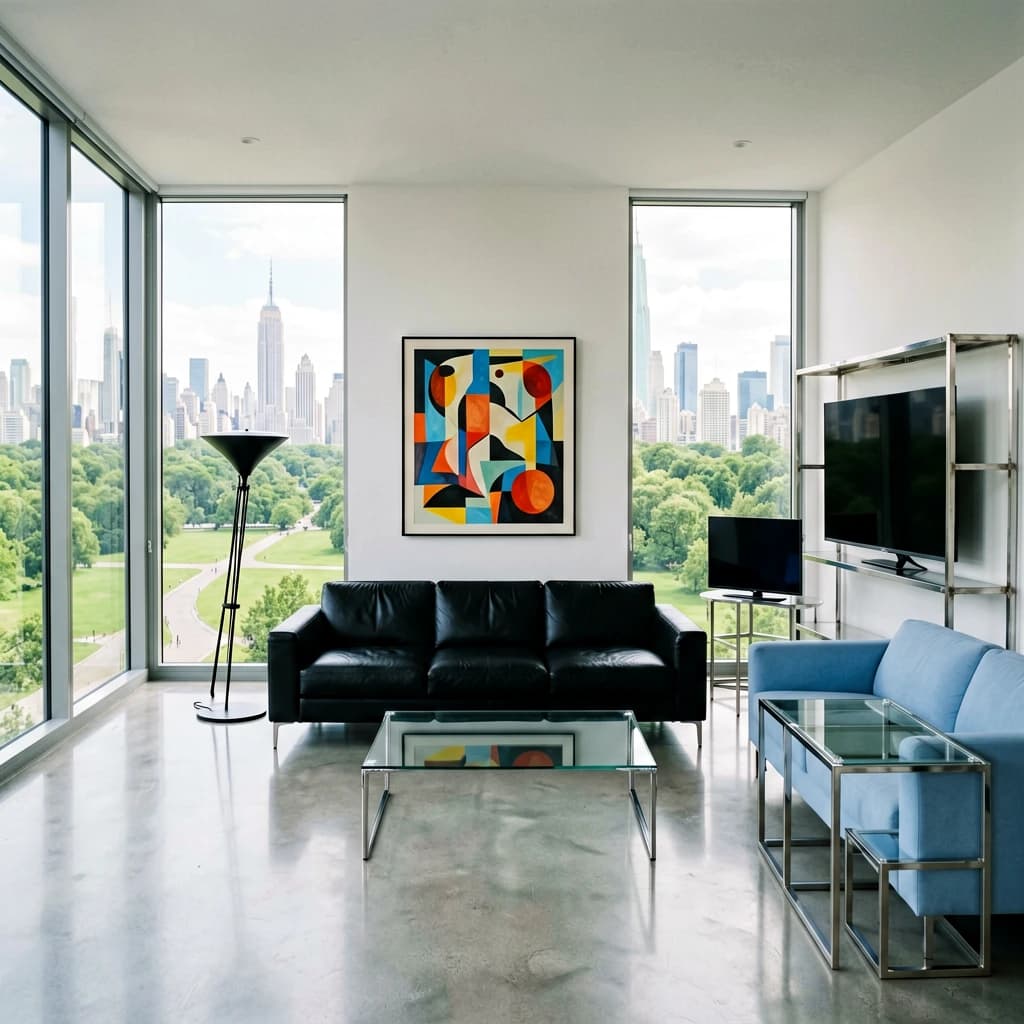 My apartment overlooks Central Park. It’s very luxurious, very expensive, and the furniture is minimal — a black leather couch, a glass coffee table with chrome legs, an Arne Jacobsen floor lamp. A big-screen television set rests on a steel shelving unit. A David Onica painting hangs above the couch. There’s a stainless steel and glass cocktail table. A powder-blue sofa. A thirty-inch digital TV.