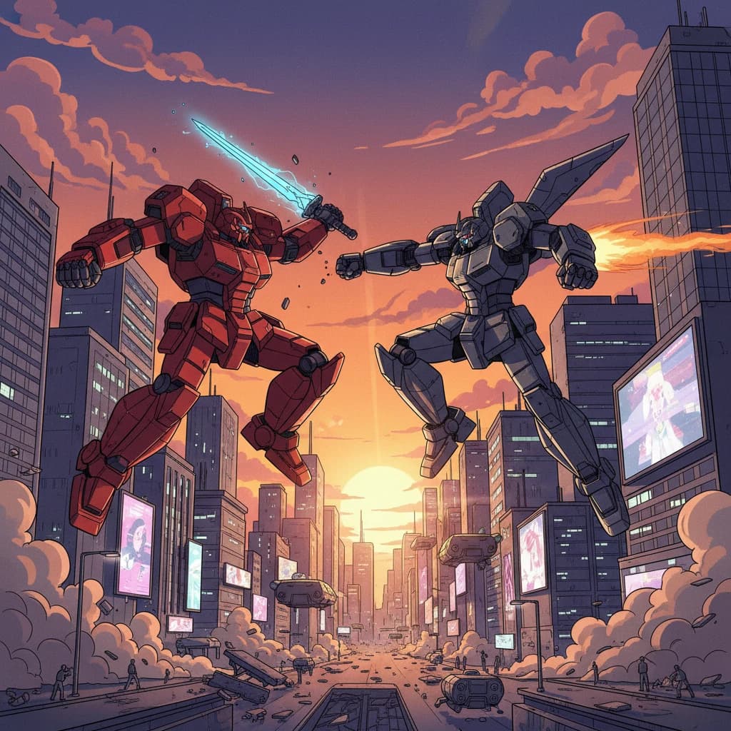 Make a cel-shaded mecha duel at dusk downtown.