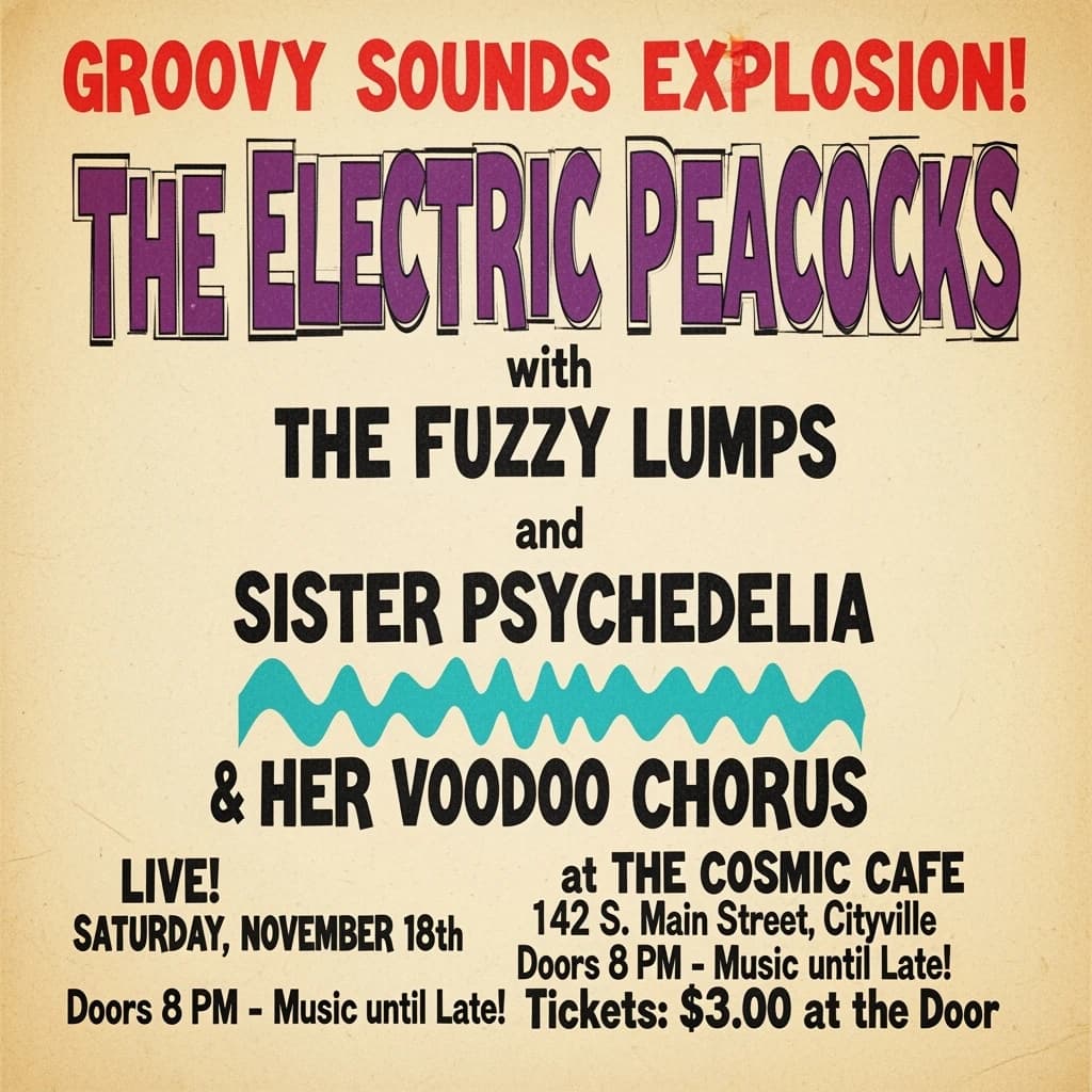 Make a 1960s concert poster featuring bold wood type, misaligned ink, creases.