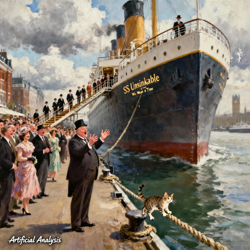An impressionistic painting of the mighty steamer the "SS Unsinkable We Really Mean It This Time" on a cloudy but bright London morning about to set out on her maiden voyage. A jubilant crowd is gathered on the dock around the paunchy mayor who is making a speech, gesticulating wildly with his hands. The gangways are busy with well heeled ladies and gentlemen making their way onto the ship. A cheeky cat hangs over the water, clinging to the mooring rope after an ill-fated attempt to climb up. The artist has signed his name "Artificial Analysis" in the bottom corner