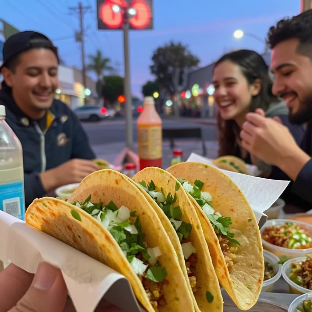 Friends laugh over street tacos at dusk, candid, shallow depth.