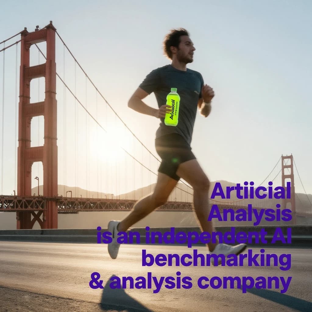 A runner dashes across the Golden Gate Bridge at dawn, sunlight streaming between cables. In their hand, they carry a neon-green sports drink with the brand name Artificial Analysis splashed boldly across the bottle. Motion blur emphasizes speed, while crisp purple sans serif typography overlays the bottom right of the scene with the tagline: Artificial Analysis is an independent AI benchmarking & analysis company