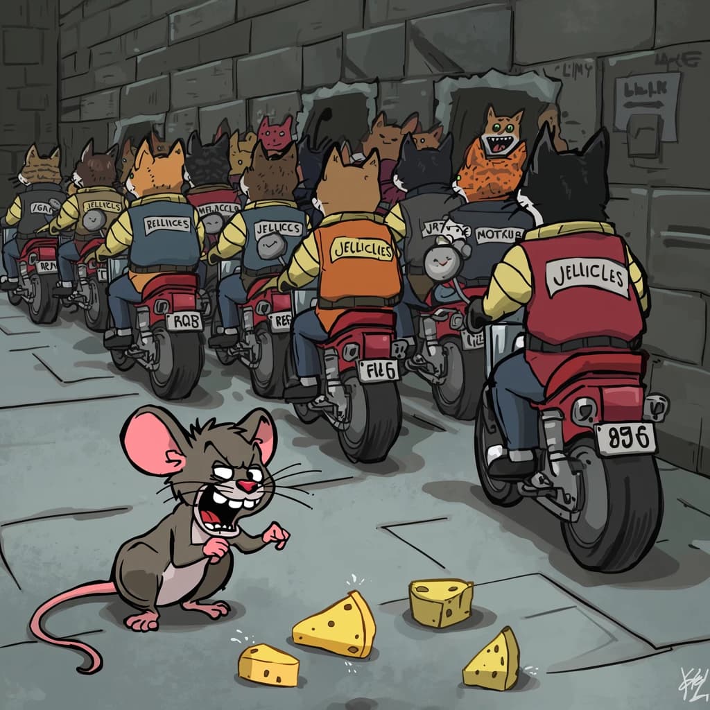 The cartoon rat clenches his thin wedge of cheese and trembles in fear as he hides from the menacing Jellicles, the roaming cat motorcycle gang, all wearing their colors with the name on the back. The cats have all drunk far too much milk and are causing a big ruckus! One cat is close to finding the rat