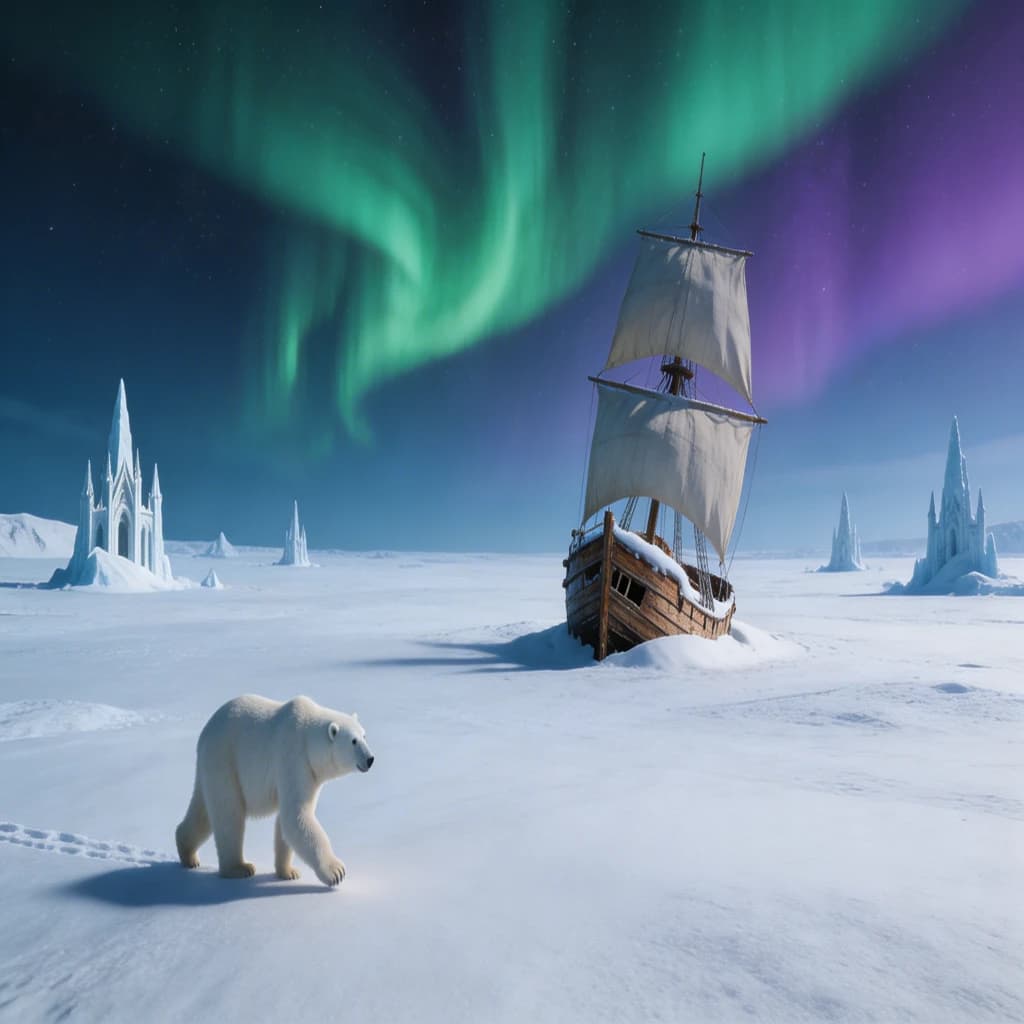 An endless tundra stretches outward, littered with jagged icebergs shaped like cathedral spires. A polar bear trudges across the foreground but leaves no tracks. Auroras ripple overhead. A half-buried shipwreck juts from the snow — sails billowing despite the still air.