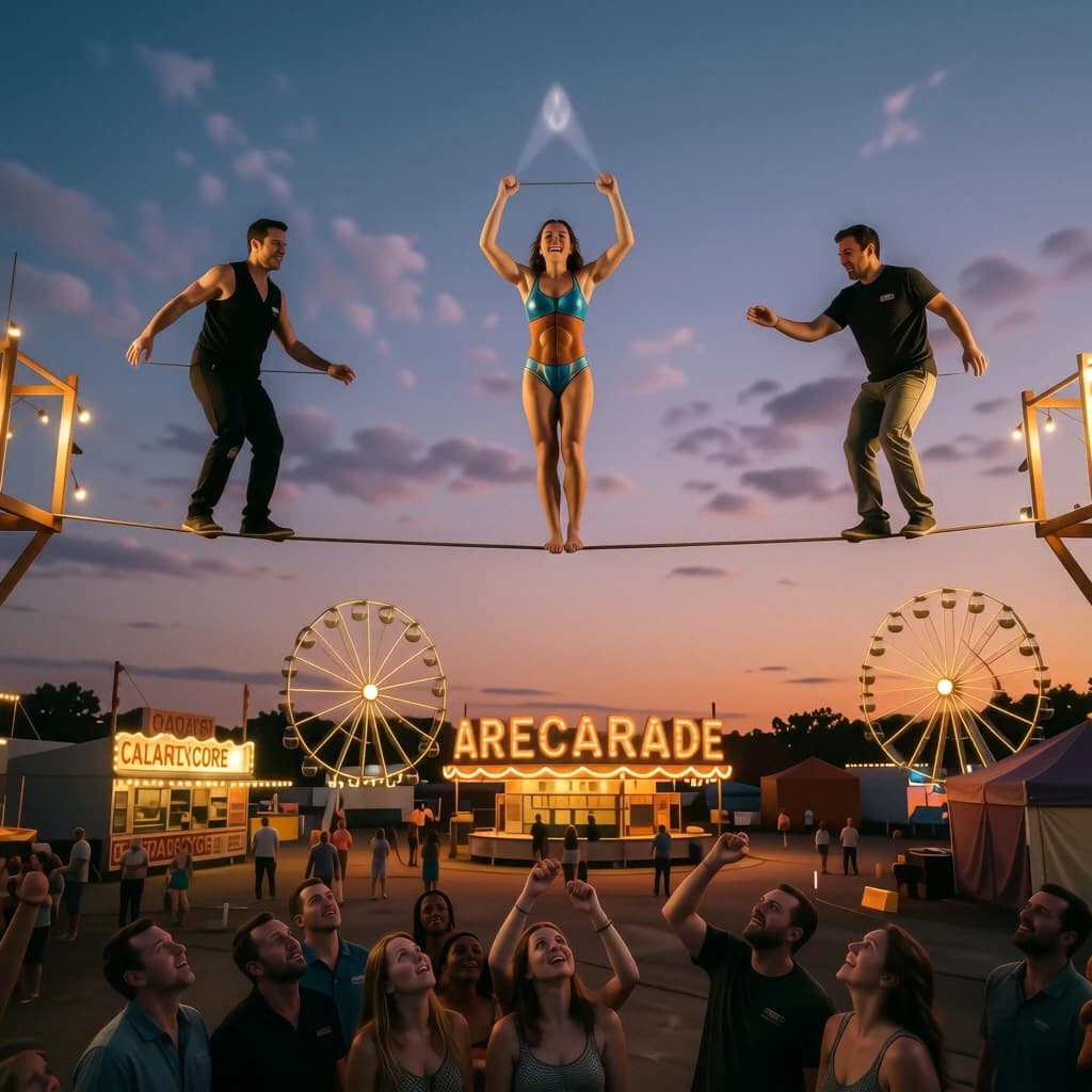 At dusk, high above a carnival crowd, three tightrope walkers balance on a single rope with no aids, one is off balance and grabbing at air. Below, the audience looks upward with baited anticipation. Artificial Analysis is spelled out in the background in carnival lights