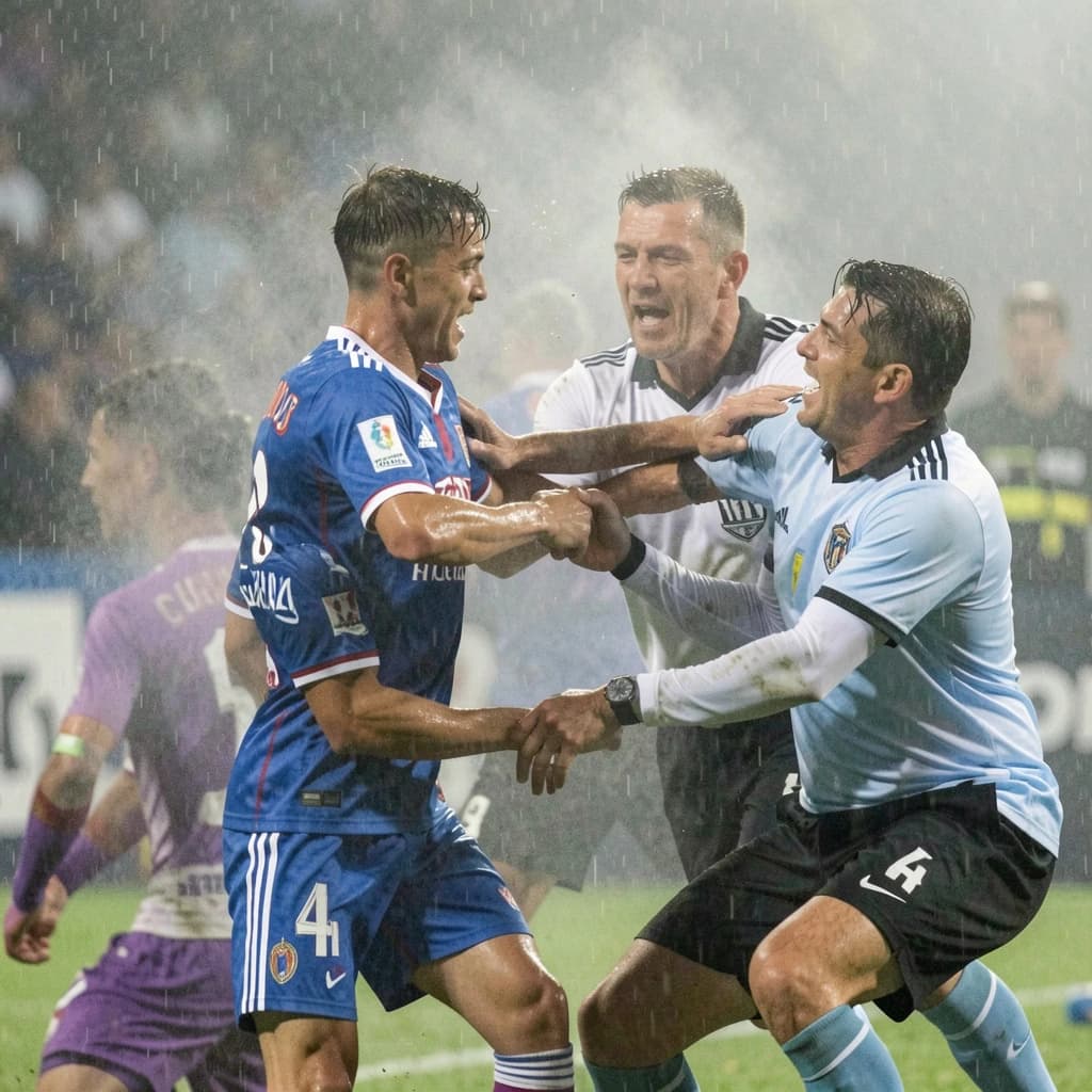 The soccer player clashes with the ref. It is thick and humid and the heat is getting to the players. His friend tries to pull him off before he causes any more trouble.