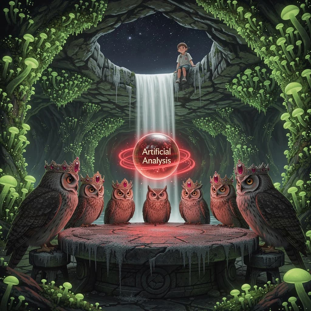 In a cavern lined with bioluminescent fungi glowing lime green, the council of owls wear jeweled crowns that glimmer with rubies, their wings folded behind their backs. Dust coats the stone table, a glowing orb inscribed with “Artificial Analysis” hovers above the table illuminating the owls with its red pulsating light. Behind them, a waterfall falls upward into a ceiling that opens onto stars - a child looks down in wonder from above at what he has stumbled across.