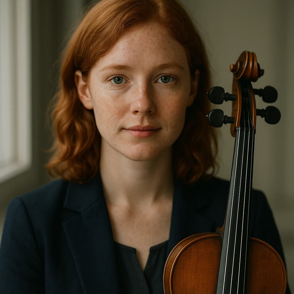 Capture a head-and-shoulders portrait of a freckled red-haired violinist in a navy blazer, soft window light, 85mm at f/1.8, gently smiling yet serious eyes, muted tones.