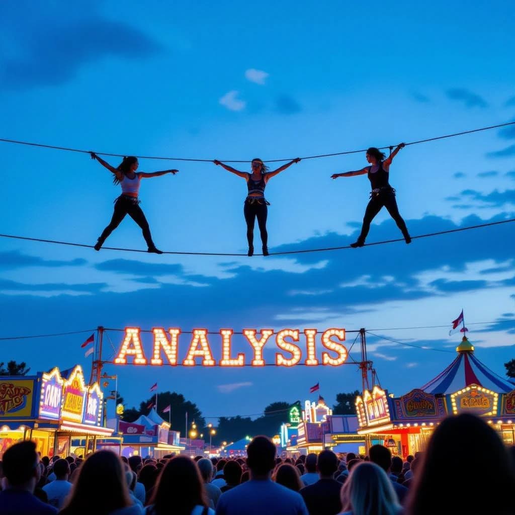 At dusk, high above a carnival crowd, three tightrope walkers balance on a single rope with no aids, one is off balance and grabbing at air. Below, the audience looks upward with baited anticipation. Artificial Analysis is spelled out in the background in carnival lights
