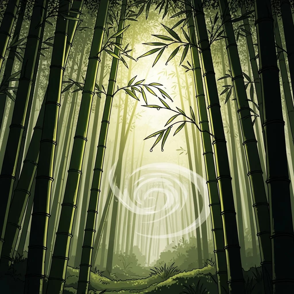 Give me a misty bamboo forest at sunrise, bold outlines, slightly cel-shaded.