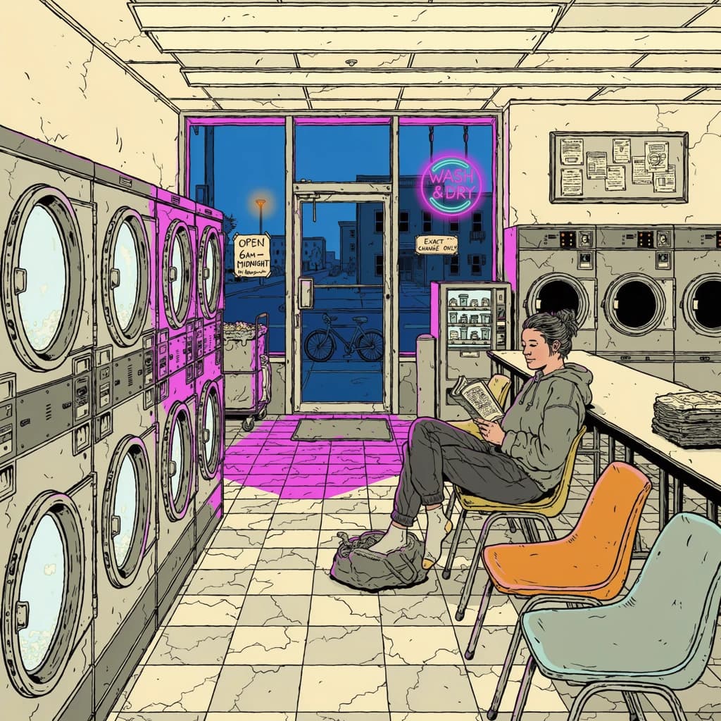 A cozy laundromat at dusk, neon humming, flat colors, bold inked lines.