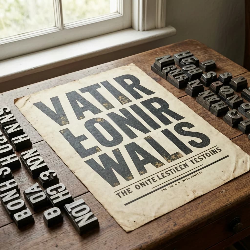 A vintage letterpress poster on a wooden desk: bold slab serif headline, tight kerning, misregistered ink, slightly worn edges, scattered metal type, soft window light.