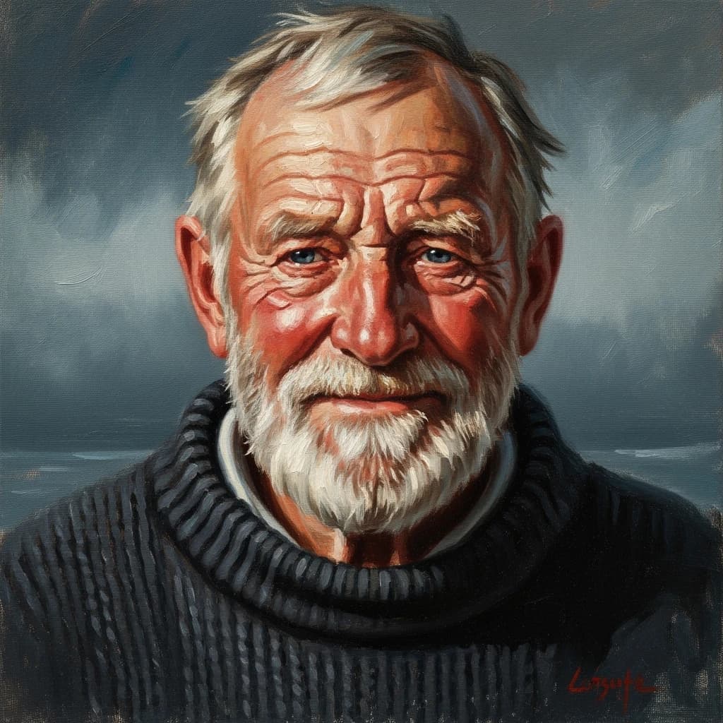 Oil on canvas portrait of an elderly sailor, weathered face, soft light.
