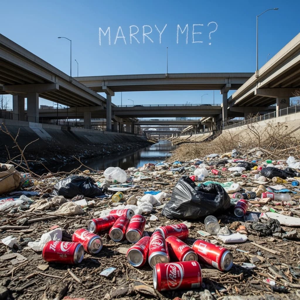 Red soda cans and other garbage sit strewn across the bank of an urban river only a few metres wide. Concrete overpasses criss cross overhead on a bright and sunny day. Fading skywriting proposes marriage