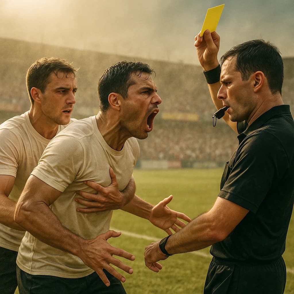 The soccer player clashes with the ref. It is thick and humid and the heat is getting to the players. His friend tries to pull him off before he causes any more trouble.