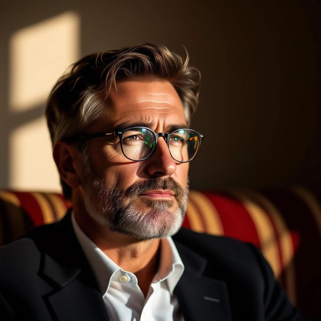 A sharply lit portrait of a middle-aged man wearing thin-rimmed glasses and a dark jacket over a white collared shirt. He gazes intently to the side, his face half illuminated by warm light while the background recedes into deep shadow. The expression is thoughtful, almost wary, as if caught mid-conversation. Behind him, a striped cushion in muted reds and blacks adds subtle texture, contrasting with the crisp highlights on his forehead and glasses. The overall mood is contemplative and cinematic, balancing warmth with tension.