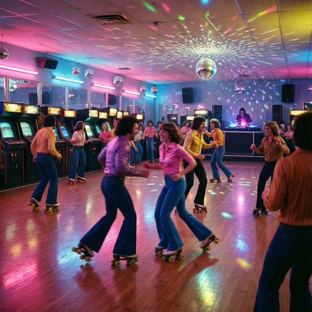 A 1970s roller rink crowd skates under neon, with a bit of fade and film grain.