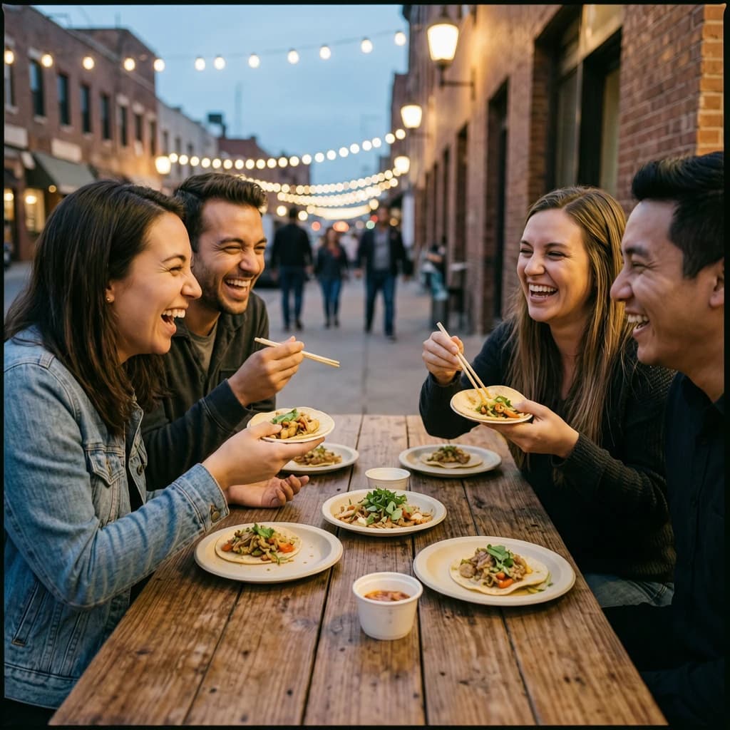 Friends laugh over street tacos at dusk, candid, shallow depth.