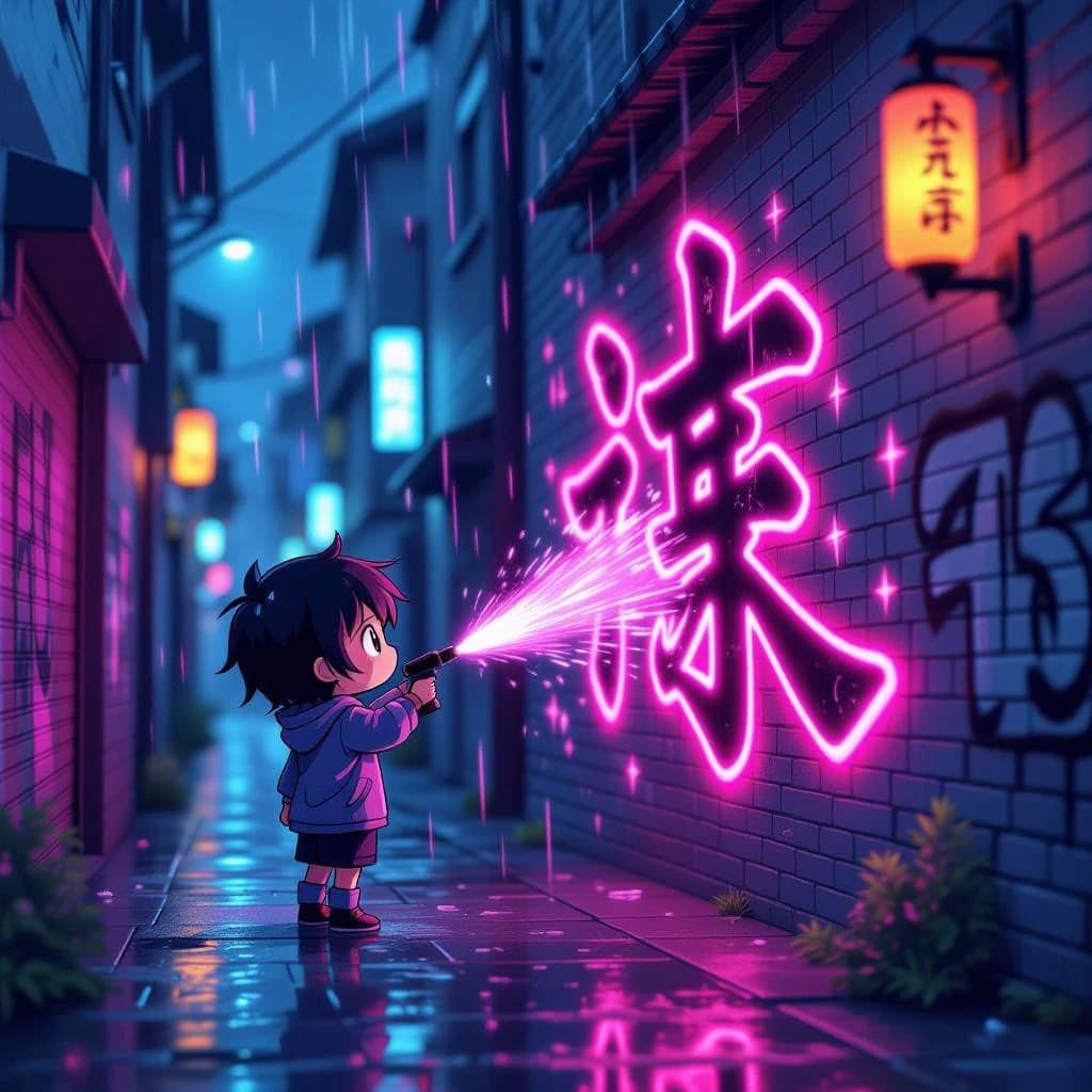 Chibi artist sprays huge neon kanji on a rainy alley wall, with sparkles.