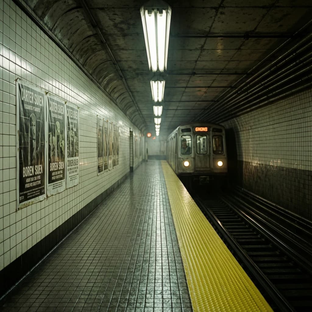A subterranean subway platform with glossy tiles, peeling posters, flickering fluorescent lights, yellow safety line, and a distant train coming; slightly damp, echoes carry.