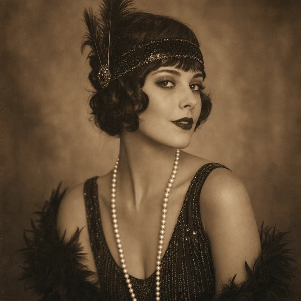 Sepia-toned studio portrait of a flapper with pearl necklace, soft grain.