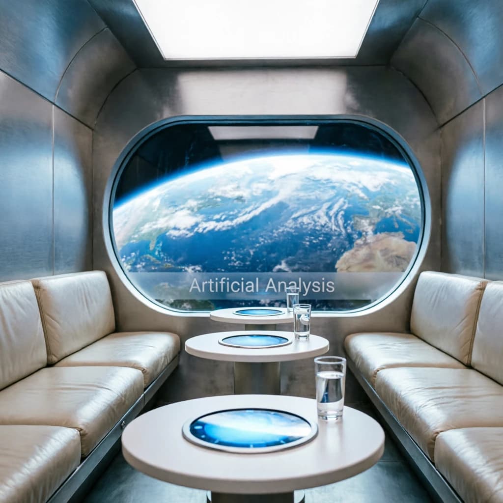 The orbital lounge has brushed aluminum walls and pale leather banquettes. Low white tables are inset with glowing touchscreens. Drinks are clear, flavorless, in tall unmarked glasses. The viewport is floor-to-ceiling, showing Earth moving slowly beneath. The word Artificial Analysis is etched discreetly on the glass in a frosted band.