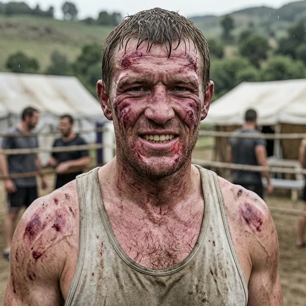 Paint a bruised boxer smiling, serious expression.