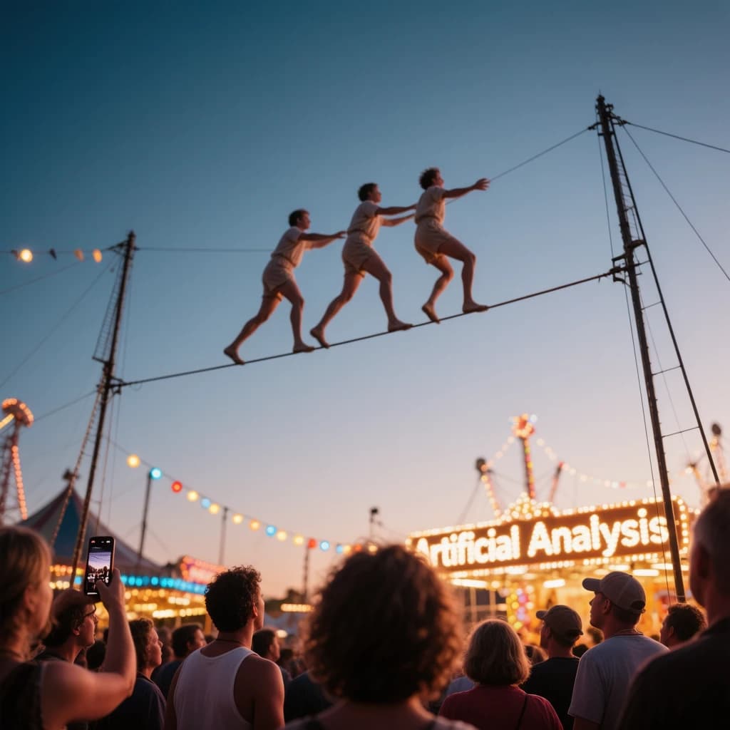 At dusk, high above a carnival crowd, three tightrope walkers balance on a single rope with no aids, one is off balance and grabbing at air. Below, the audience looks upward with baited anticipation. Artificial Analysis is spelled out in the background in carnival lights