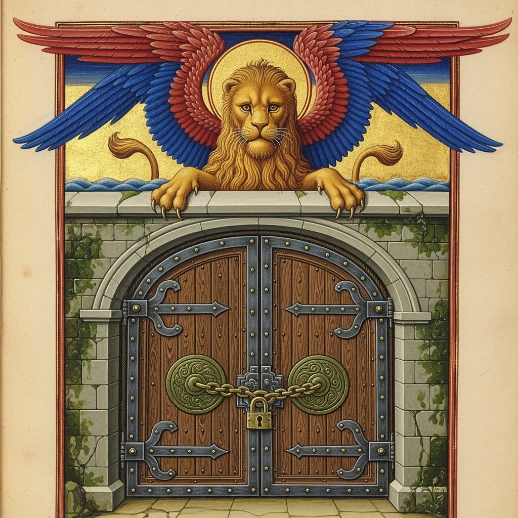 Paint an illuminated manuscript scene of a winged lion guarding a sea gate.