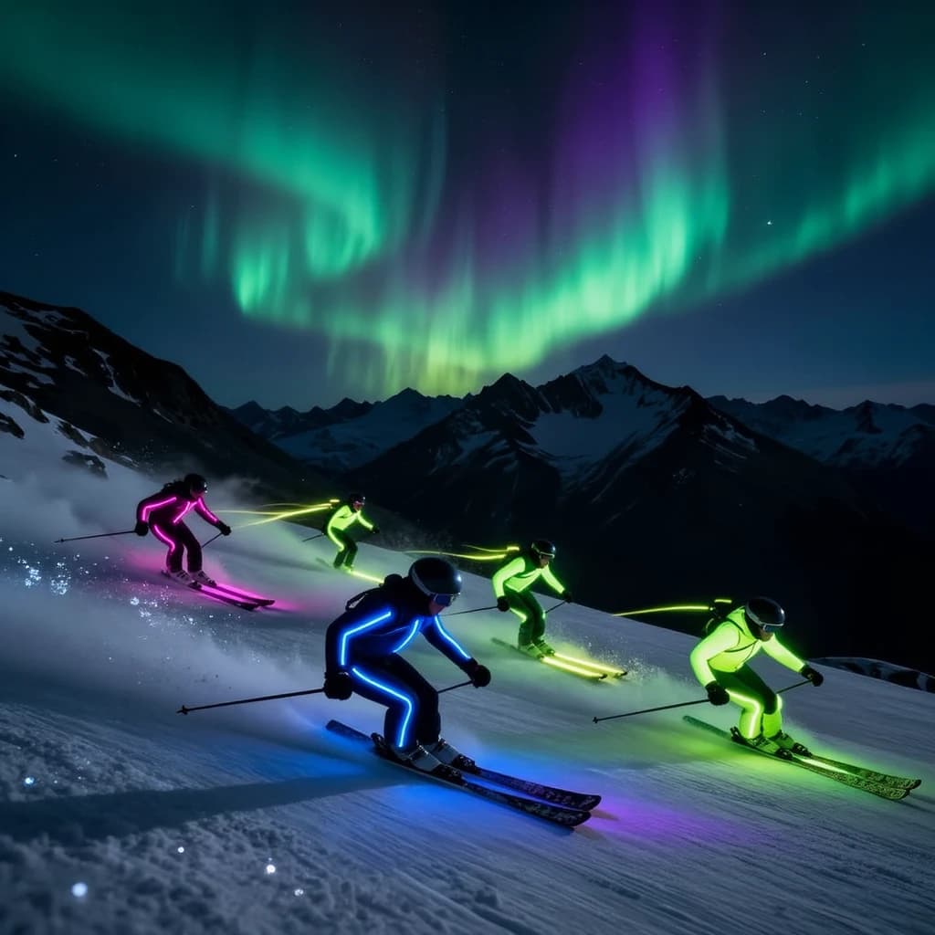 Coronet Peak Night Skiing: Skiers in colorful LED suits carve their way down the slopes of New Zealand's Coronet Peak under the Aurora Borealis, the skiers' light trails visible behind them