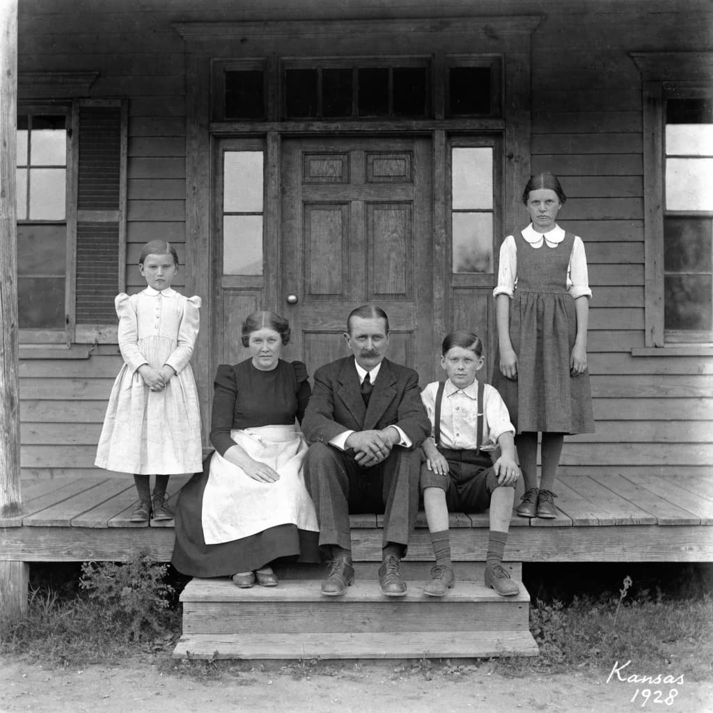 Everybody holds still and nobody smiles for the family portrait. It's 1928 in Kansas