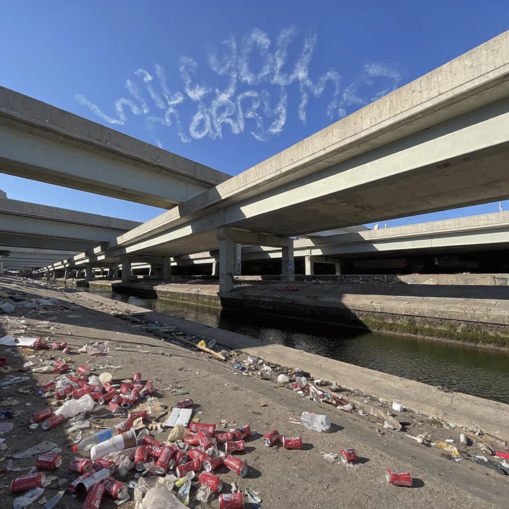 Red soda cans and other garbage sit strewn across the bank of an urban river only a few metres wide. Concrete overpasses criss cross overhead on a bright and sunny day. Fading skywriting proposes marriage
