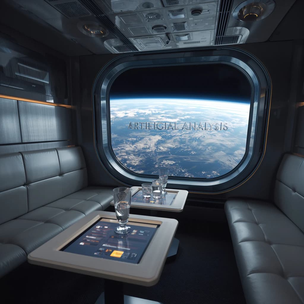 The orbital lounge has brushed aluminum walls and pale leather banquettes. Low white tables are inset with glowing touchscreens. Drinks are clear, flavorless, in tall unmarked glasses. The viewport is floor-to-ceiling, showing Earth moving slowly beneath. The word Artificial Analysis is etched discreetly on the glass in a frosted band.