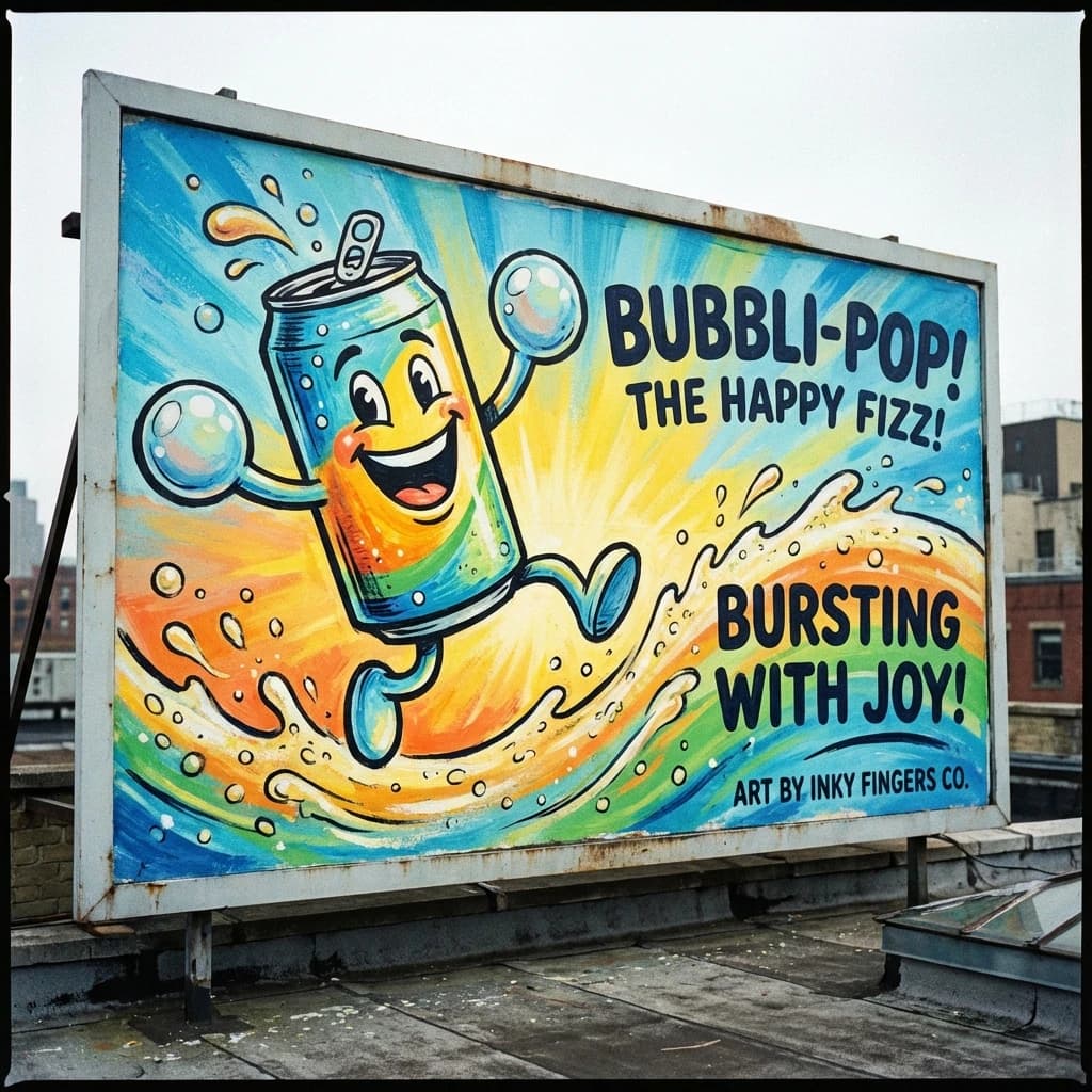 Design a bright soda billboard ad with a bubbly can mascot, thick inky lines.