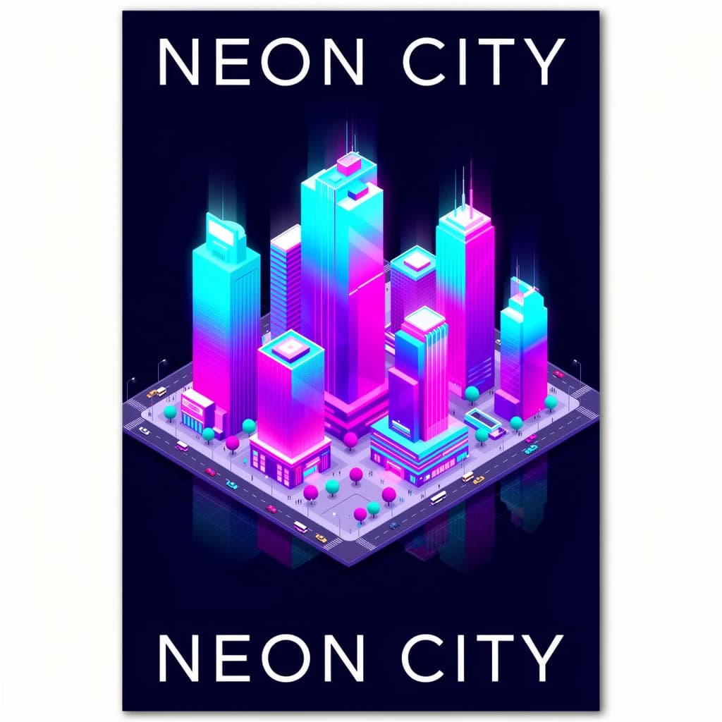 Render an isometric city poster with geometric buildings, neon gradients, gloss highlights, soft AO shadows, clean sans-serif lettering, grid layout, reflections a bit overexposed.