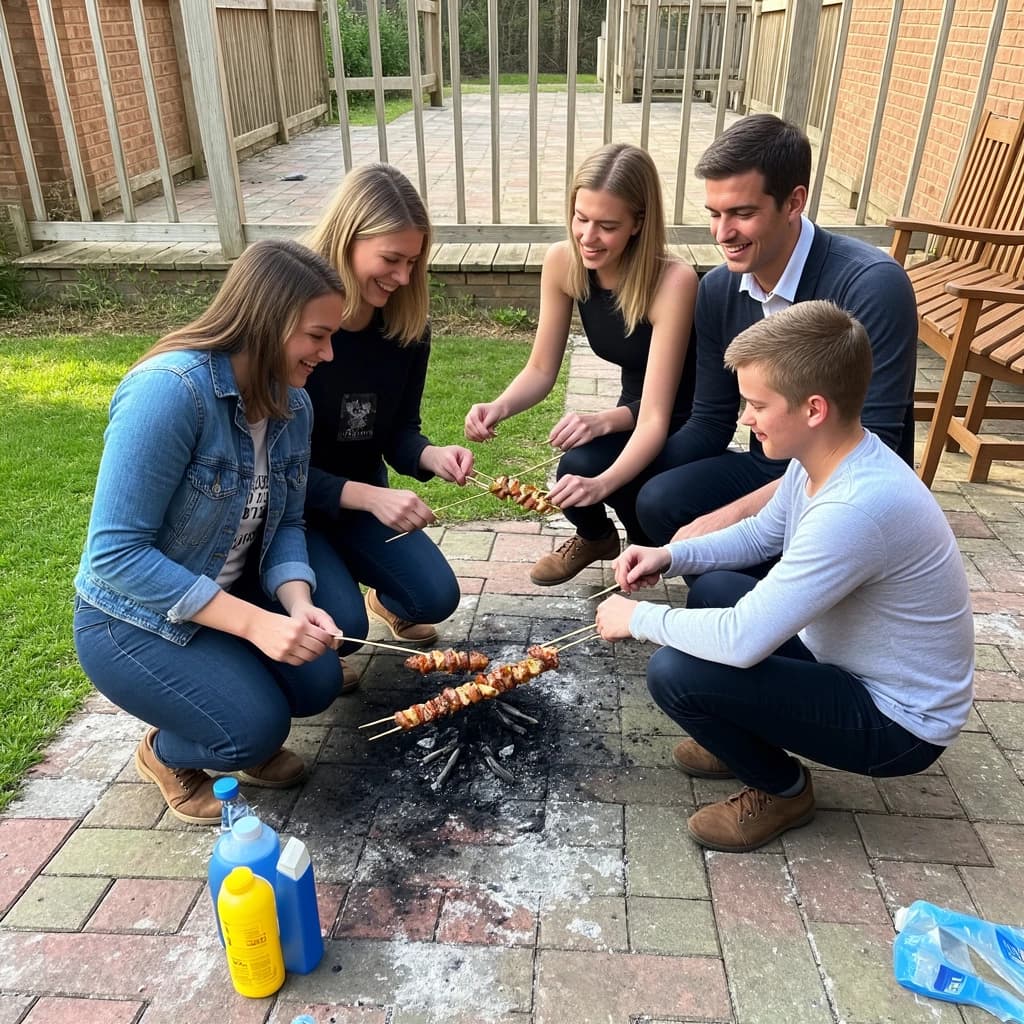 Friends grill skewers on a slightly messy patio.