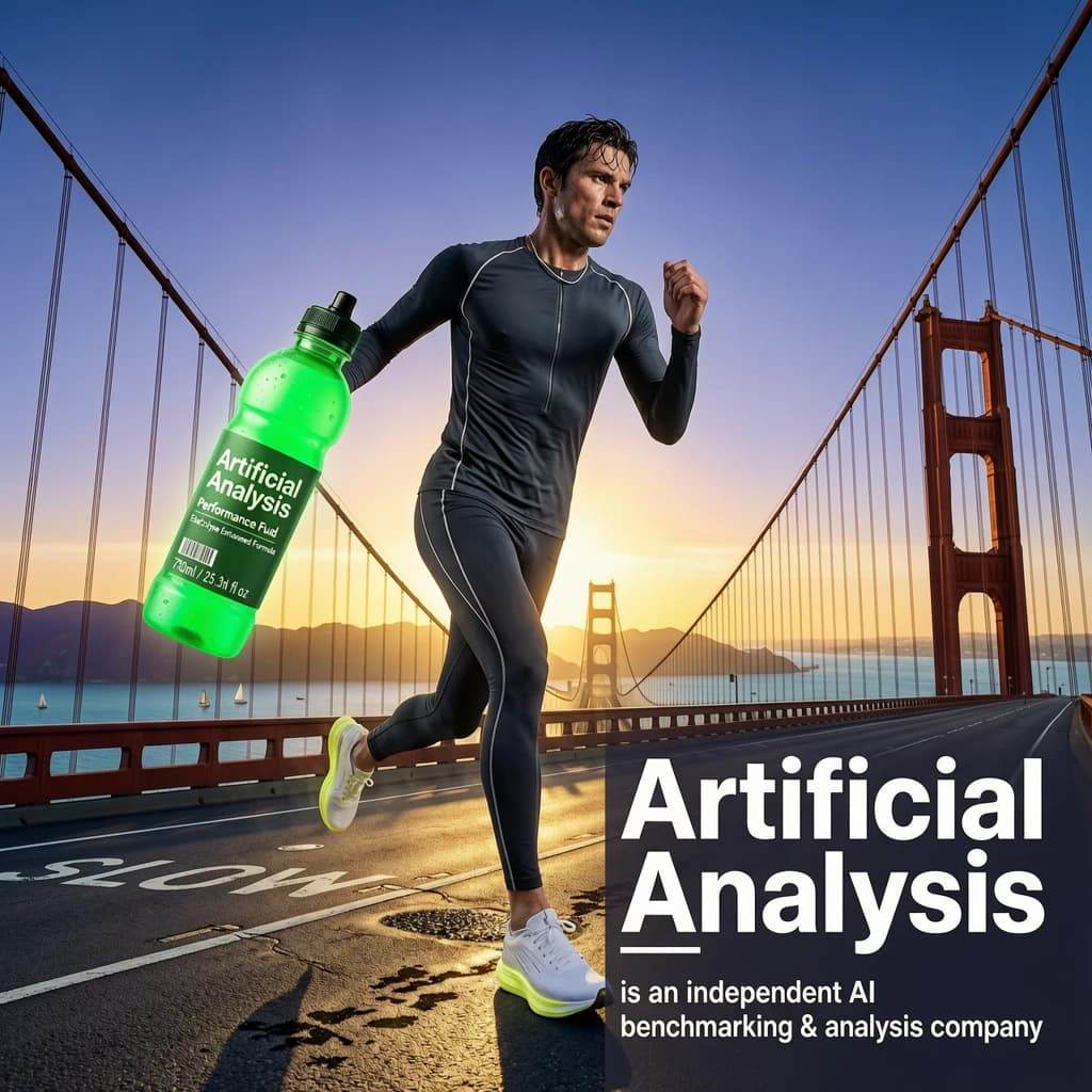 A runner dashes across the Golden Gate Bridge at dawn, sunlight streaming between cables. In their hand, they carry a neon-green sports drink with the brand name Artificial Analysis splashed boldly across the bottle. Motion blur emphasizes speed, while crisp purple sans serif typography overlays the bottom right of the scene with the tagline: Artificial Analysis is an independent AI benchmarking & analysis company