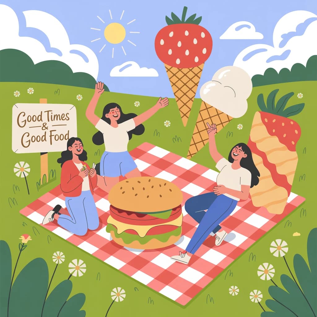 Flat vector picnic scene, friends laughing, oversized food icons, simple shapes.