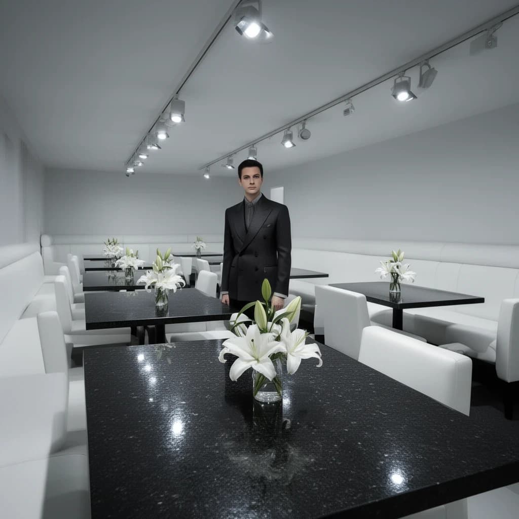 The place is almost empty. The banquettes are covered in white leather, the tables black granite, and the entire room is bathed in halogen track lighting that seems too bright. The maître d’ wears a double-breasted wool crepe jacket. There are lilies on every table.