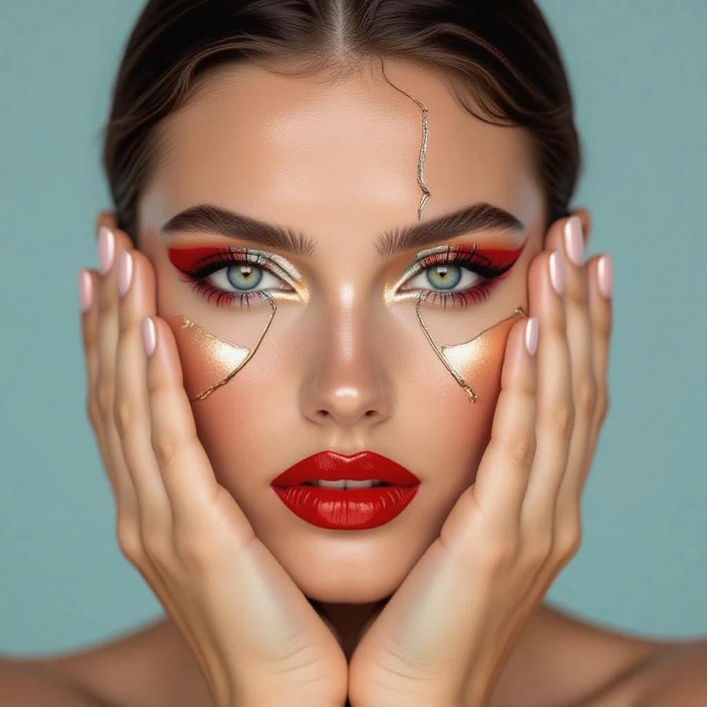 A striking close-up portrait of a woman with cracked metallic copper-painted hands framing her face. Her vivid blue and red eye makeup contrasts sharply with the smooth, pale skin and muted background, creating a bold, surreal composition. She displays an air of uncertainty about her