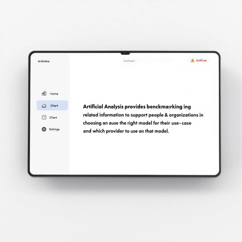 On a high-resolution dashboard mockup with a clean white background, display a centered text module in Helvetica Neue Regular, 18pt, black: “Artificial Analysis provides benchmarking and related information to support people & organizations in choosing the right model for their use-case and which provider to use for that model.” The text box is justified, but the final word wraps awkwardly onto its own line. To the left, a vertical navigation bar in light gray with three icons - home, chart, and settings - aligned evenly but casting misaligned shadows. In the upper right, the Artificial Analysis logo appears faintly, semi-transparent, watermarked over the corner of the interface.