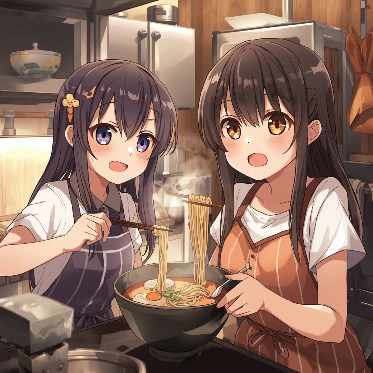 Club friends cooking ramen, steam rising, cel-shaded, city kitchen, big eyes.