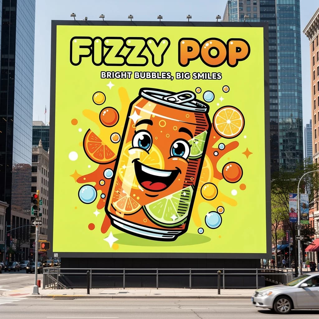 Design a bright soda billboard ad with a bubbly can mascot, thick inky lines.