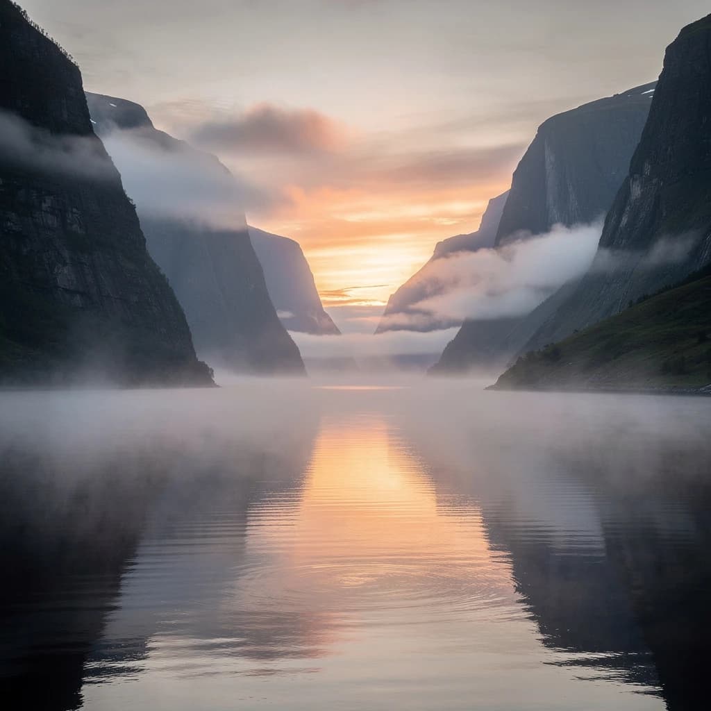 Frame a foggy fjord at sunrise, cliffs looming.