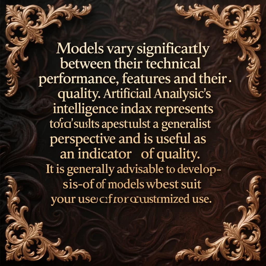 On a flat layout, write in an ornate baroque style "Models vary significantly between their technical performance, features and their quality. Artificial Analysis's intelligence index represents a generalist perspective and is useful as an indicator of the quality of responses. It is generally advisable to develop a short-list of models which best suit your use-case for customized use-case specific testing. "