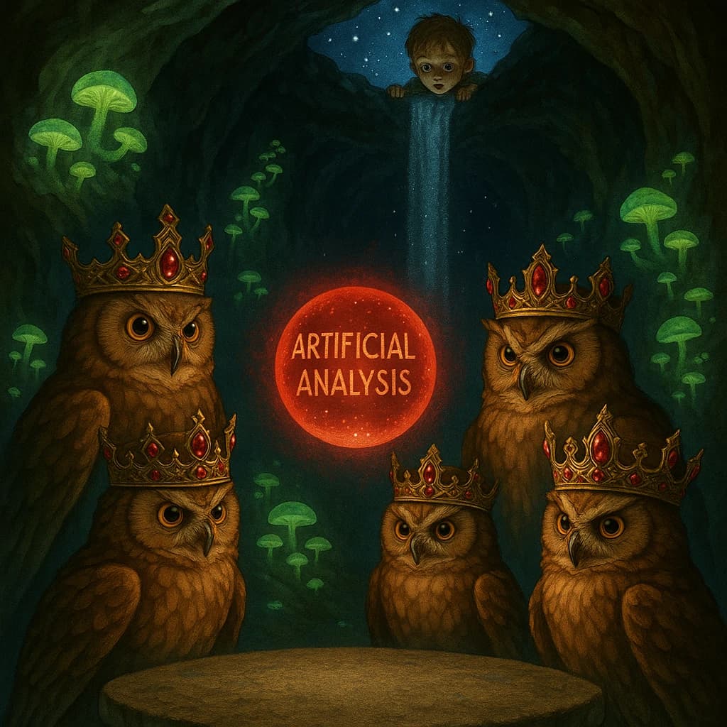 In a cavern lined with bioluminescent fungi glowing lime green, the council of owls wear jeweled crowns that glimmer with rubies, their wings folded behind their backs. Dust coats the stone table, a glowing orb inscribed with “Artificial Analysis” hovers above the table illuminating the owls with its red pulsating light. Behind them, a waterfall falls upward into a ceiling that opens onto stars - a child looks down in wonder from above at what he has stumbled across.