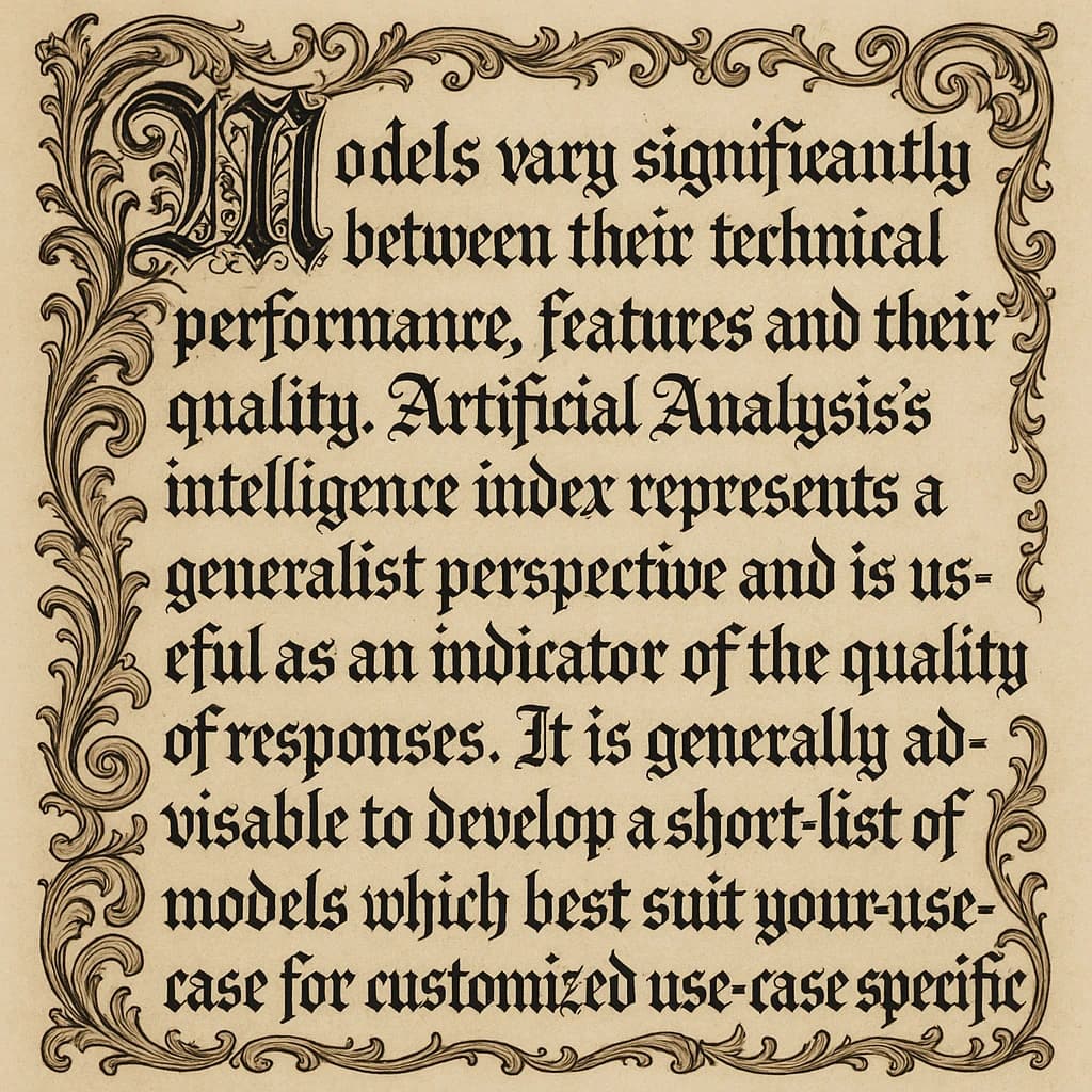 On a flat layout, write in an ornate baroque style "Models vary significantly between their technical performance, features and their quality. Artificial Analysis's intelligence index represents a generalist perspective and is useful as an indicator of the quality of responses. It is generally advisable to develop a short-list of models which best suit your use-case for customized use-case specific testing. "