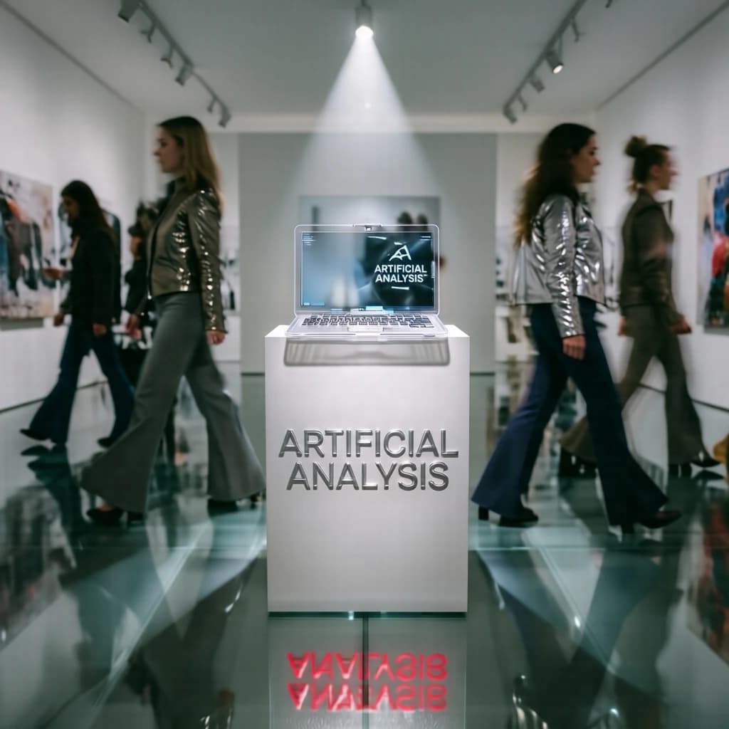 In a spotless gallery space, a pedestal supports a transparent laptop whose screen flickers between static and pristine brand imagery. Shoppers blur past in designer clothes that appear slightly outdated - bell bottoms, metallic jackets. The embossed logo “Artificial Analysis” glints silver, yet its reflection in the glass floor reads in crimson letters. A single spotlight shines, though shadows fall in two directions.