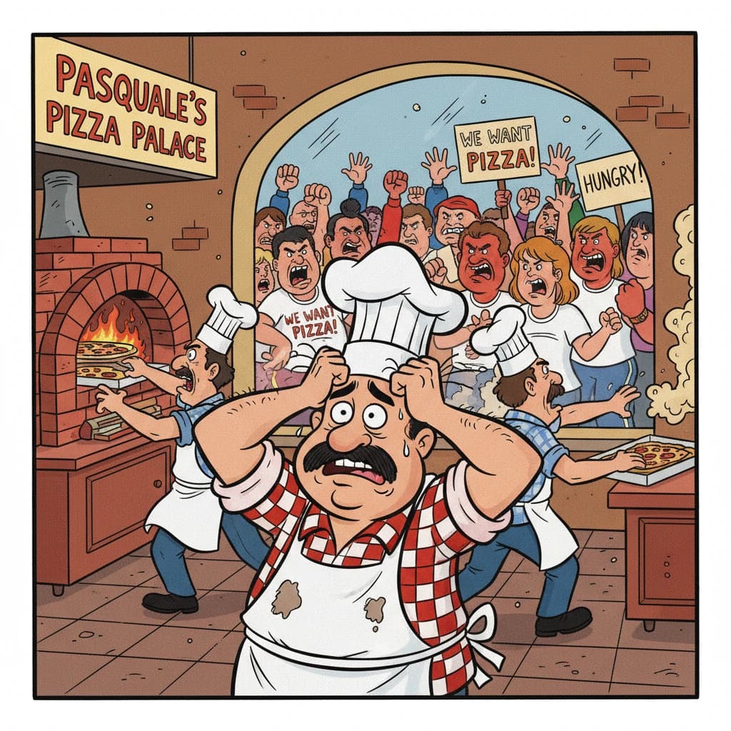 Pasquale is pulling his few remaining hairs out over a disaster at the pizzeria - the cooks are working as fast as they can but the crowds outside are swelling and they demand hot hot pizza! They are banging on the glass and some are wearing "we want pizza" shirts. 1980s western TV animation style.