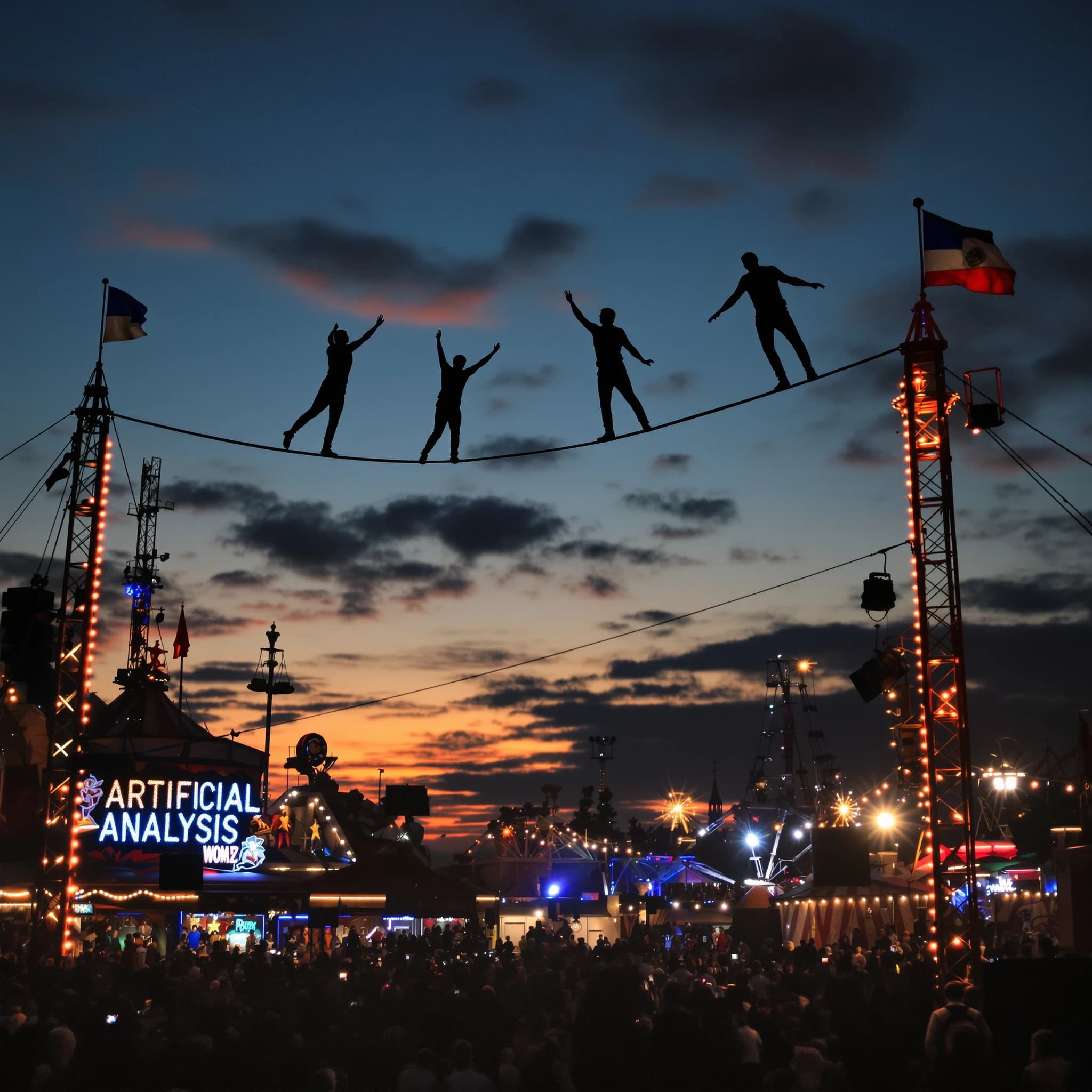 At dusk, high above a carnival crowd, three tightrope walkers balance on a single rope with no aids, one is off balance and grabbing at air. Below, the audience looks upward with baited anticipation. Artificial Analysis is spelled out in the background in carnival lights